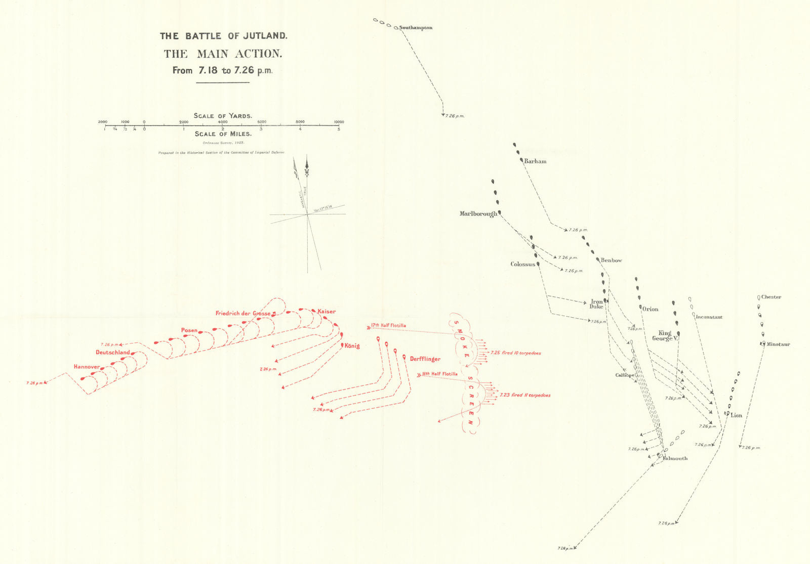 Battle of Jutland. Main Action. 7.18-7.26 pm 31 May 1916. WW1. 1923 old map